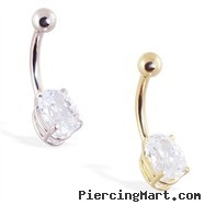 14K Gold Belly Ring with Brilliant Oval Diamond CZ