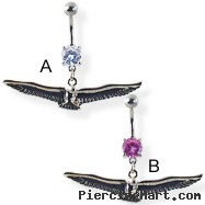 Navel ring with dangling bird with long wings