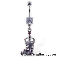 Navel ring with dangling crowned skull biting rose