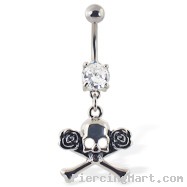 Navel ring with dangling skull and crossbones with roses