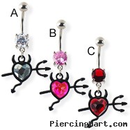 Navel ring with dangling jeweled devil heart and trident