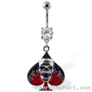 Navel ring with dangling spade and skull