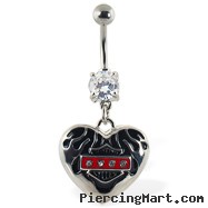 Navel ring with dangling heart with motorcyle logo