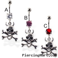 Navel ring with dangling devil skull with bones