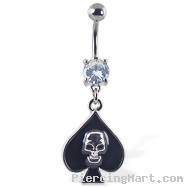 Navel ring with dangling spade with skull