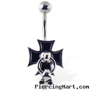 Cross navel ring with door knocker skull