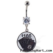 Navel ring with dangling circle with cards and "$100"