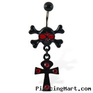 Navel ring with black skull and dangling black cross