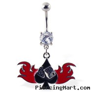 Navel ring with dangling spade with dice and flames