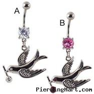 Navel ring with dangling dove holding jeweled branch