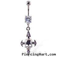 Navel ring with dangling jeweled cross with skull