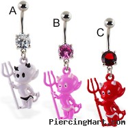 Navel ring with dangling colored devil baby