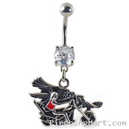 Navel ring with dangling guy on motorcycle