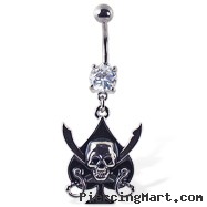 Navel ring with dangling spade with skull and swords