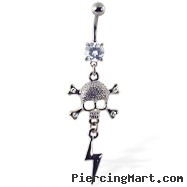 Navel ring with dangling skull and lightening bolt