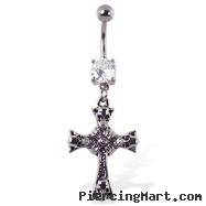 Navel ring with dangling cross with skulls
