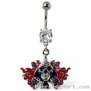 Navel ring with dangling skull with spades, dice, and flame