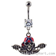 Navel ring with dangling skull with bandana on bike