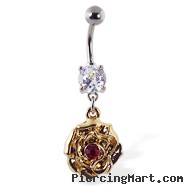 Navel ring with dangling yellow rose with red gem