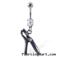 Navel ring with dangling curling iron