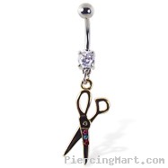 Navel ring with dangling yellow scissors with gems
