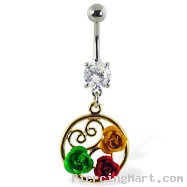 Navel ring with dangling multi-colored roses in a circle