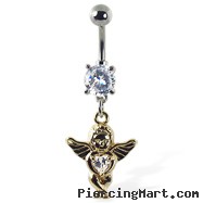 Navel Ring with Dangling Yellow Angel Baby Holding Heart Gem