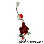 Navel ring with dangling red rose with gems
