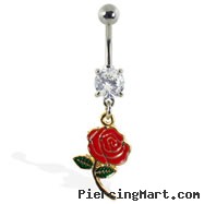 Navel ring with dangling colored rose