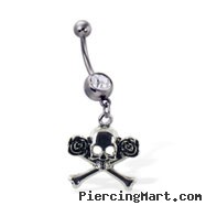 Navel ring with dangling skull and crossbones with roses