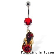 Navel ring with dangling flipflop with rose and gems