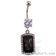 Jeweled belly button ring with dangling jeweled dog tag with Playboy bunny head