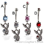 Double jeweled belly button ring with dangling jeweled playboy bunny