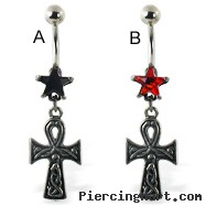 Belly ring with star and dangling ankh