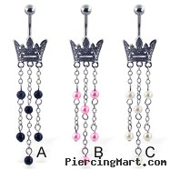 Crown belly button ring with dangling simulated pearls