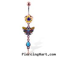 Antique looking belly button ring with flower and dangling butterfly and stones