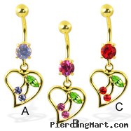 Gold Tone belly ring with dangling heart and cherry