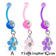 Bioplast belly ring with dangling flower, 14 ga