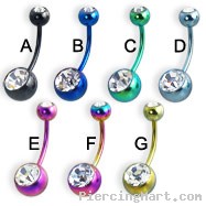 Double jeweled titanium anodized belly button ring, 16 ga
