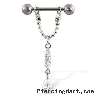 Nipple ring with three gems and teardrop on chain, 12 ga, 14 ga, or 16 ga