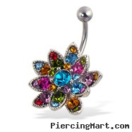 Multicolor jeweled flower belly button ring