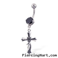 Jeweled belly button ring with dangling cross