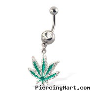 Jeweled belly button ring with dangling cannabis leaf