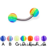 Titanium curved barbell with acrylic layered balls, 16 ga