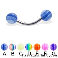 Curved barbell with acrylic layered balls, 16 ga