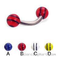 Titanium curved barbell with double striped balls, 12 ga