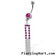 Jeweled belly button ring with rectangle jeweled dangle