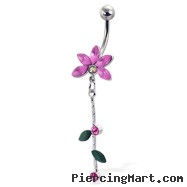 Flower belly button ring with gems and leaves on a dangle