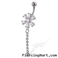 Navel ring with gemmed flower and jeweled dangle