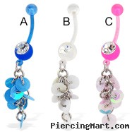 Jeweled bioplast belly button ring with dangle